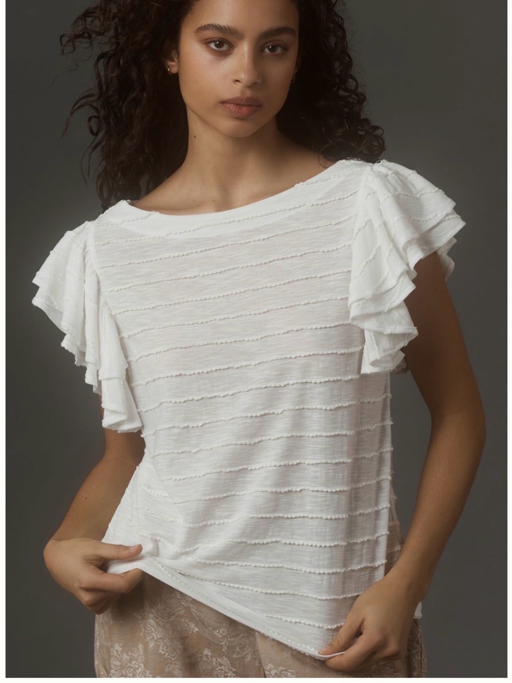 Anthropologie Cream Flutter-Sleeve Top
